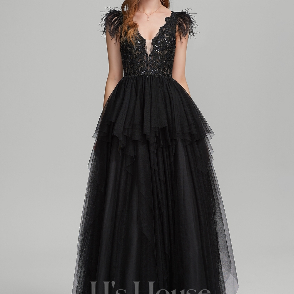 JJs House Black Tiered Backless Prom Gown